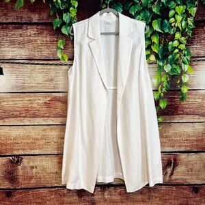 J Jill Open Front Long Vest XL Petite White Sleeveless Collar Sweater Linen Blnd